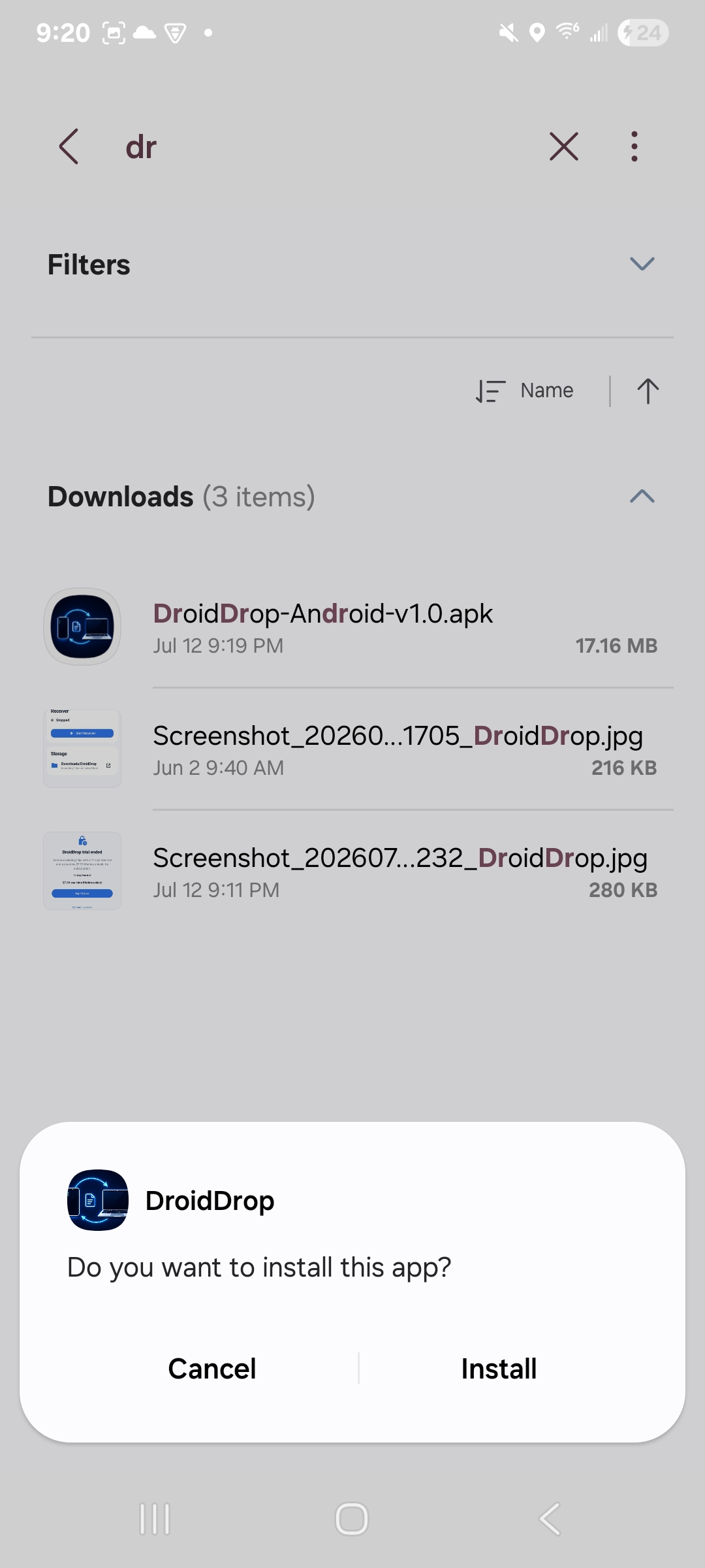 Android install prompt for the downloaded DroidDrop APK