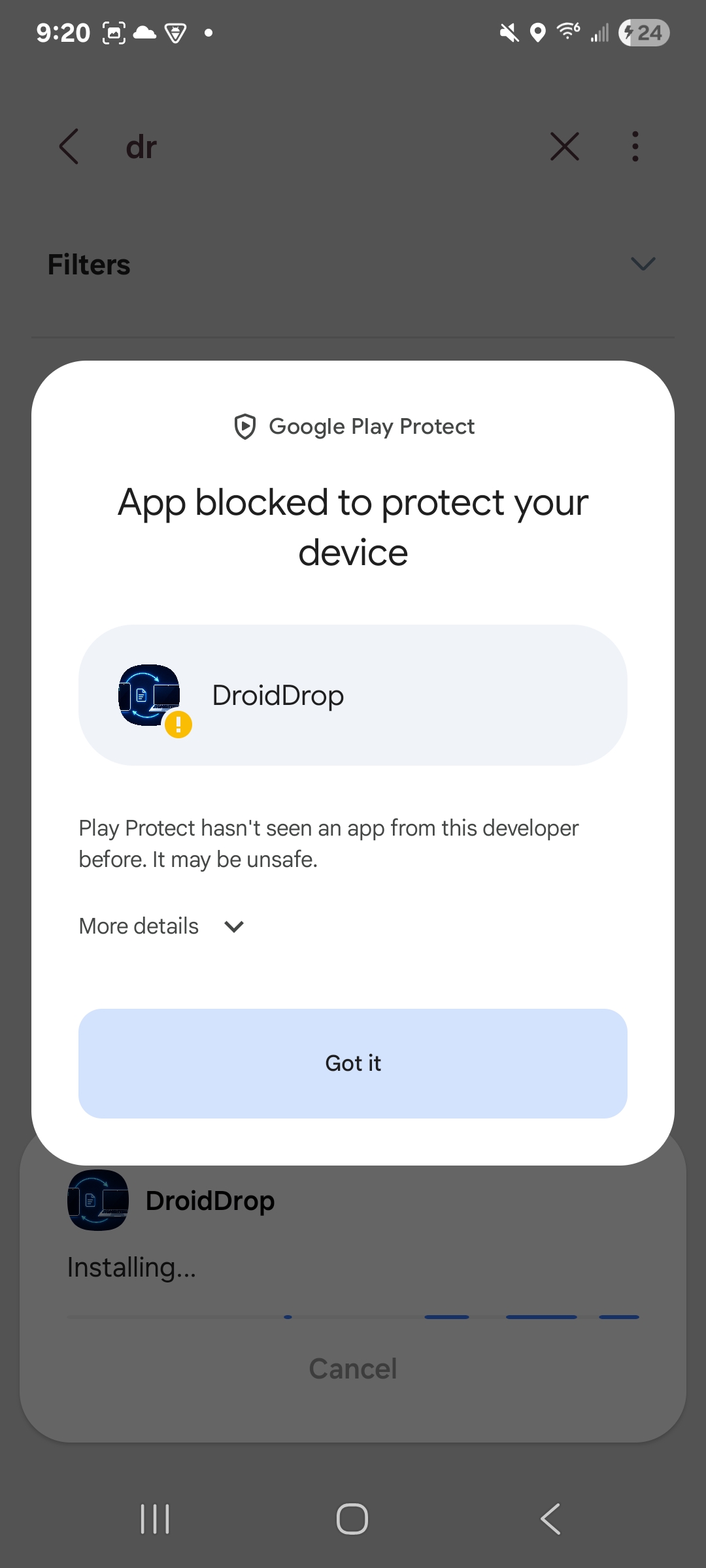 Google Play Protect warning shown while installing DroidDrop