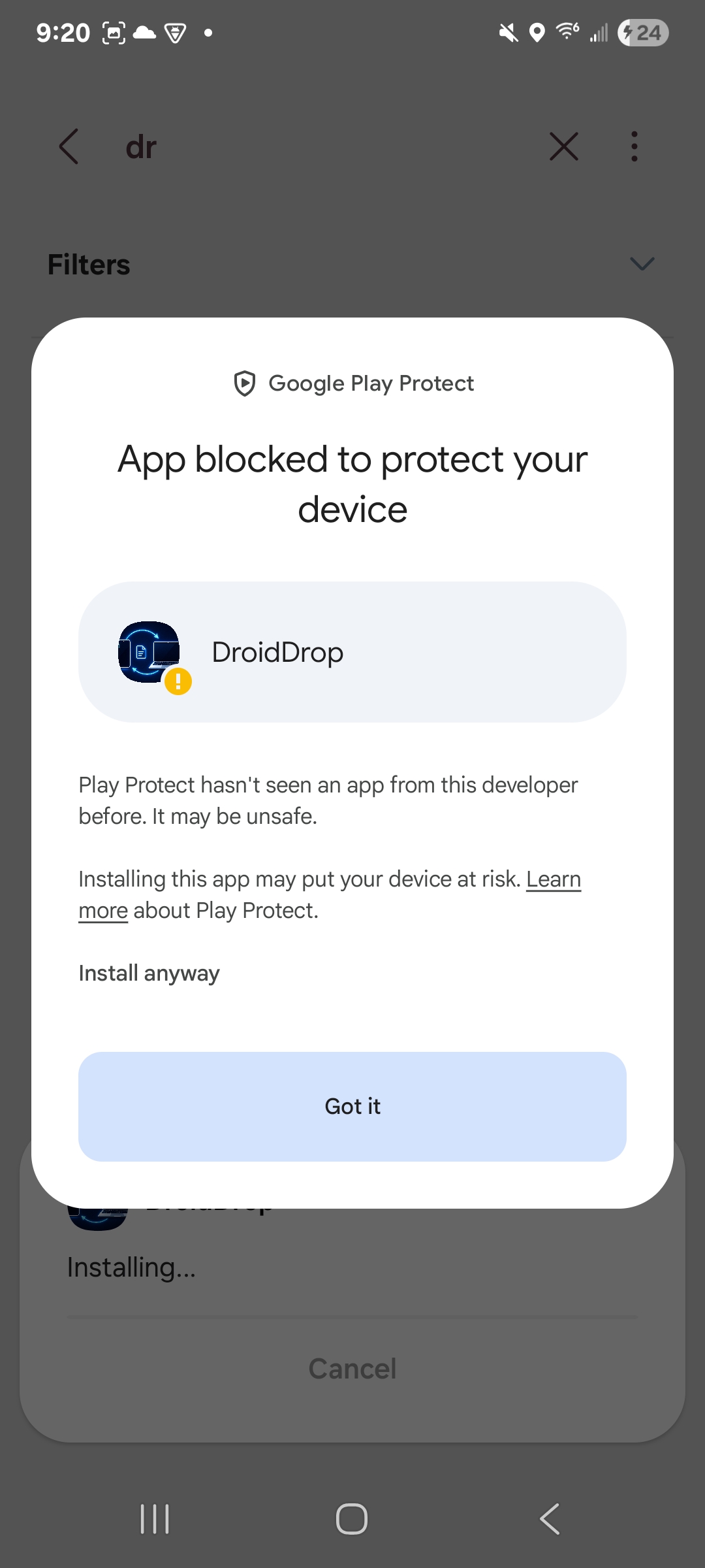 Google Play Protect More details screen with Install anyway option