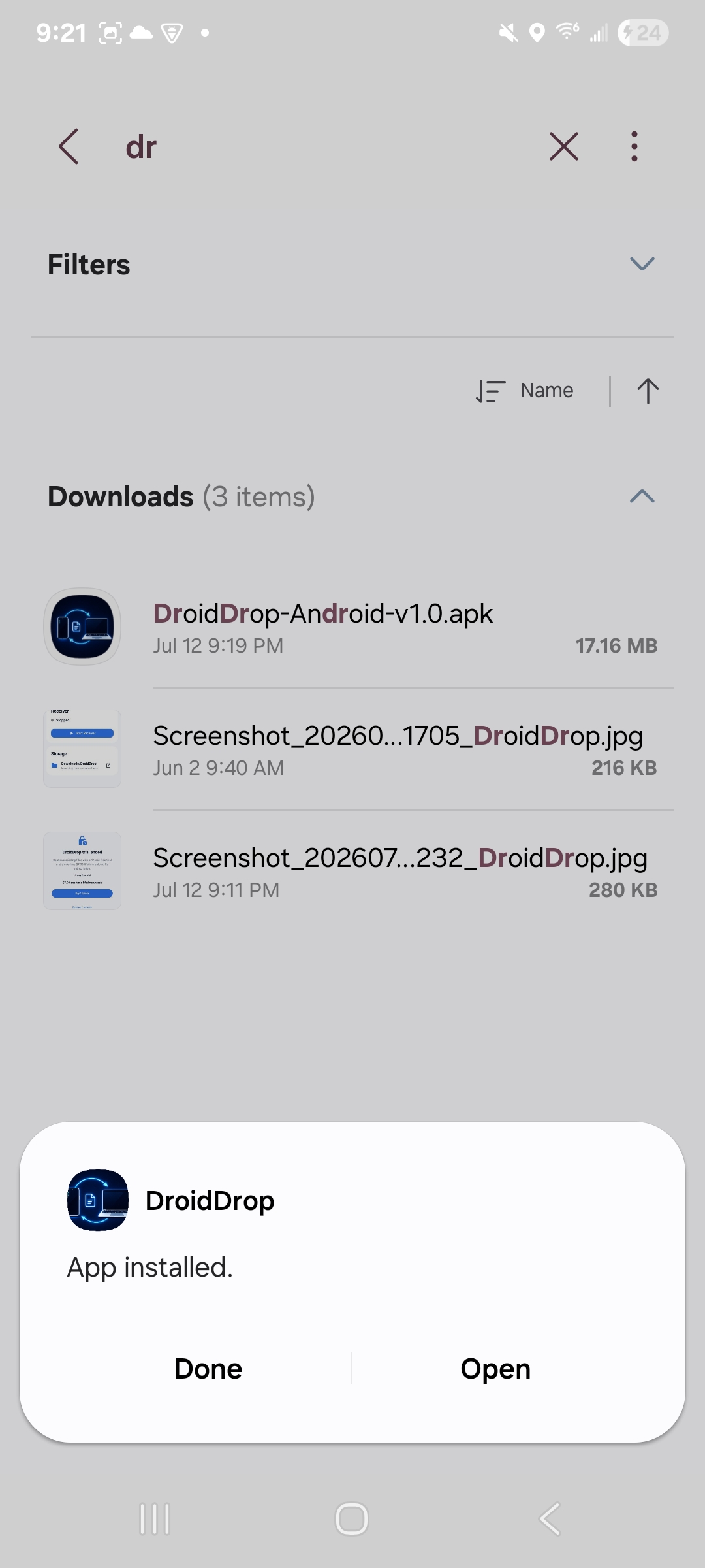 DroidDrop Android installation complete screen